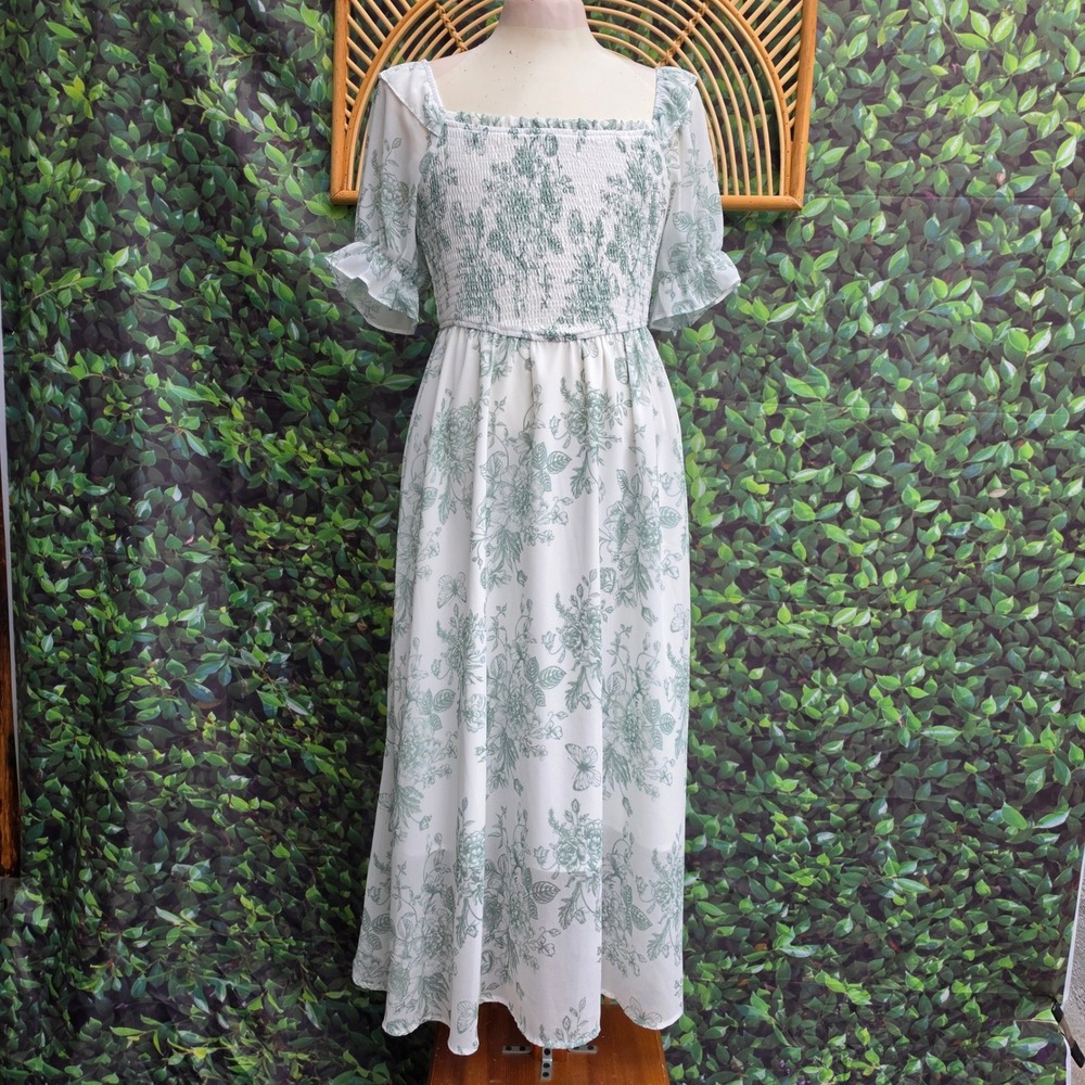 Scarlet Darkness Green Floral Toile Smocked Midi Dress Cottagecore Small